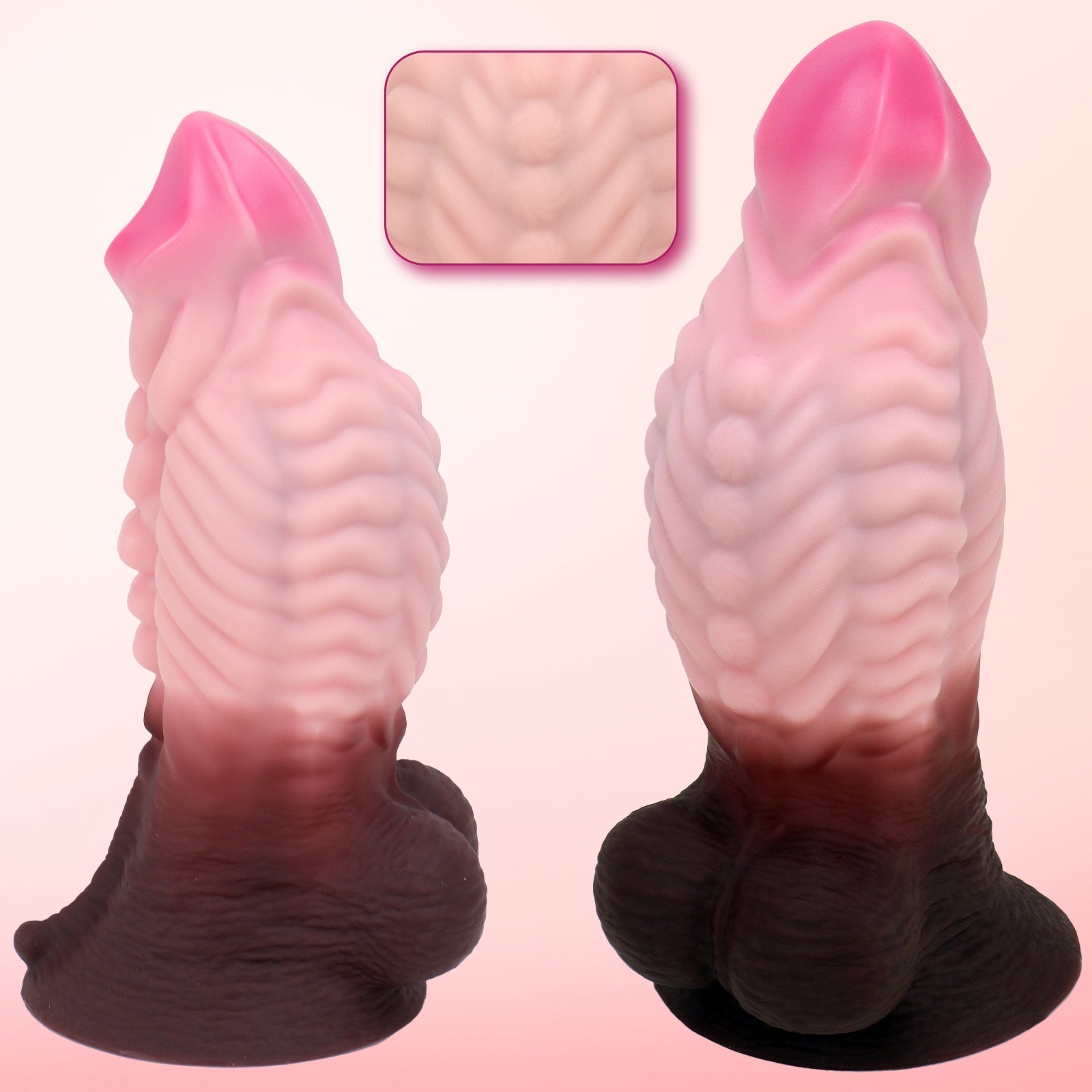 Textured Silicone Dildo with Suction Cup – Realistic Design, Pink and Brown Gradient