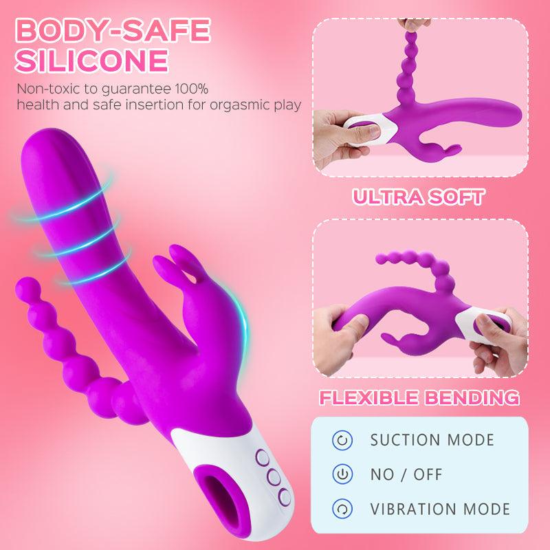 Triple Rabbit Vibrator with Anal Beads - 12 G-Spot and 3 Clit Vibration Patterns - Xoxomoving