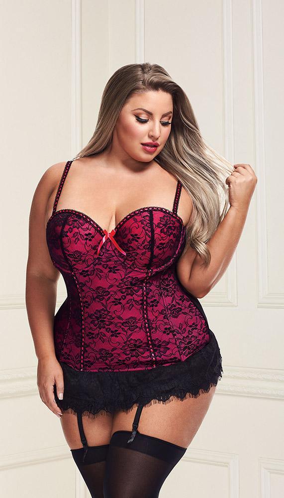 Underwire Bustier Set with Lace Overlay and Contoured Waist-Boning - Xoxomoving