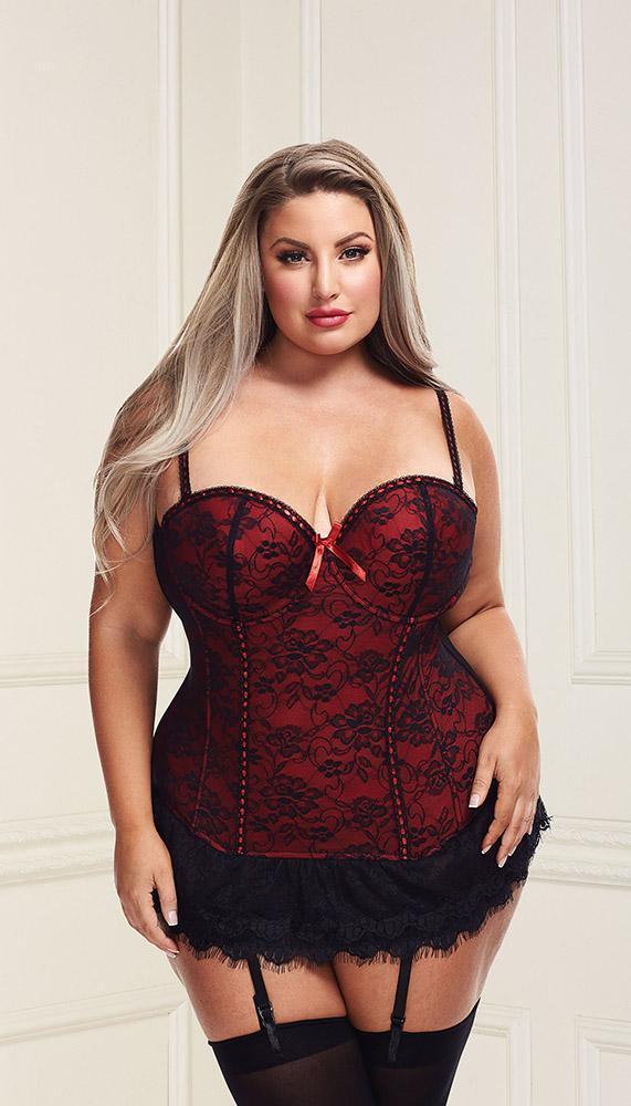 Underwire Bustier Set with Lace Overlay and Contoured Waist-Boning - Xoxomoving