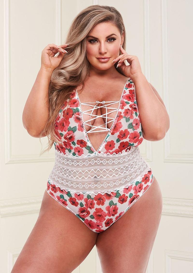 White Floral & Lace Teddy With Lace-Up Front - Xoxomoving